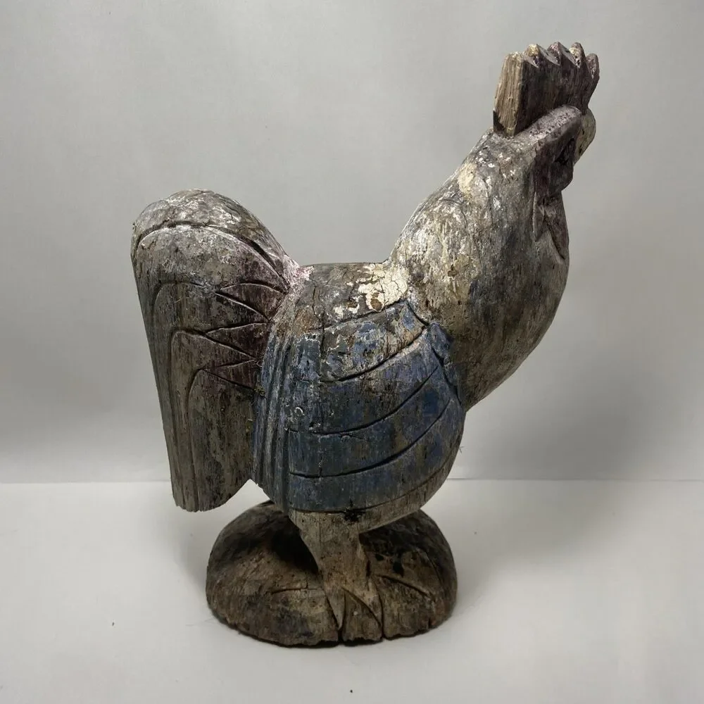 Vintage Hand Carved Wooden Rooster Figurine Rustic Farmhouse Decor 13” Tall